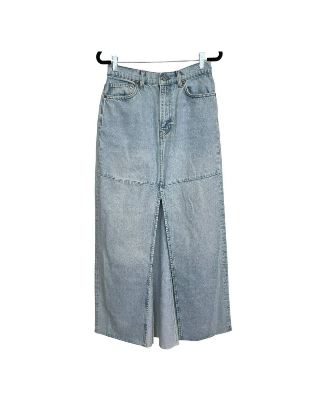 Reformation High Waisted Maxi Denim Skirt Slit Raw Hem Sz 26